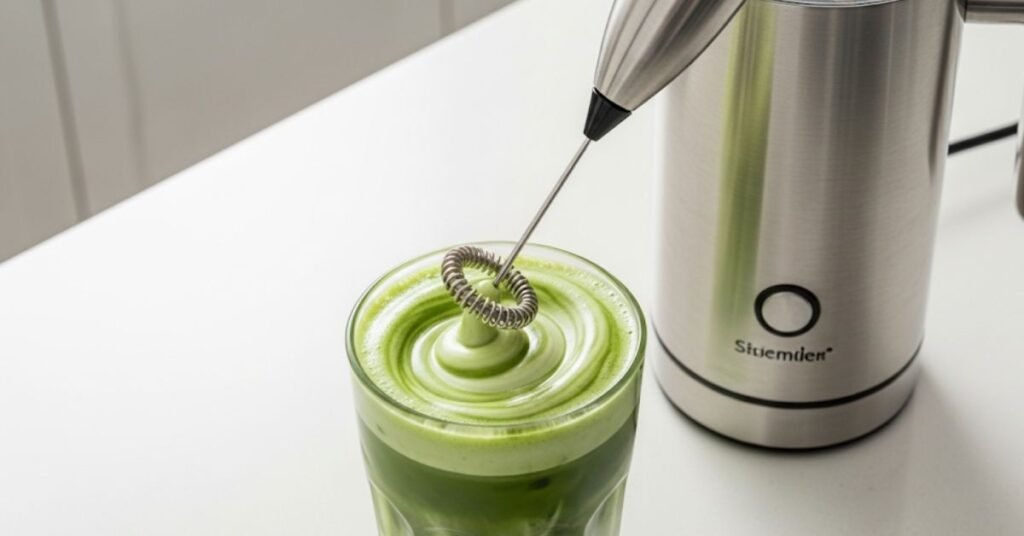 Matcha being frothed with a milk frother instead of a traditional whisk.- Matcha with Milk Frother- bestmilkfrother. com