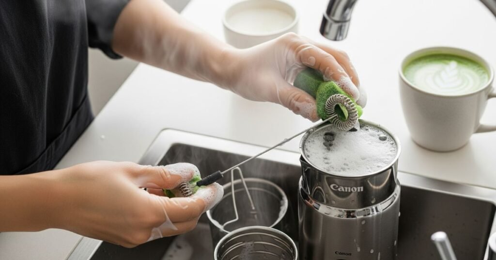 A person cleaning a milk frother after making matcha, with frother parts in soapy water. Matcha with Milk Frother- bestmilkfrother. com