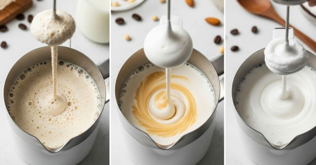 A detailed, high-quality photo showcasing the frothing process of various non-dairy milks to achieve a thick, creamy cold foam.  Milk Frother for Cold Foam - By bestmilkfrother. com