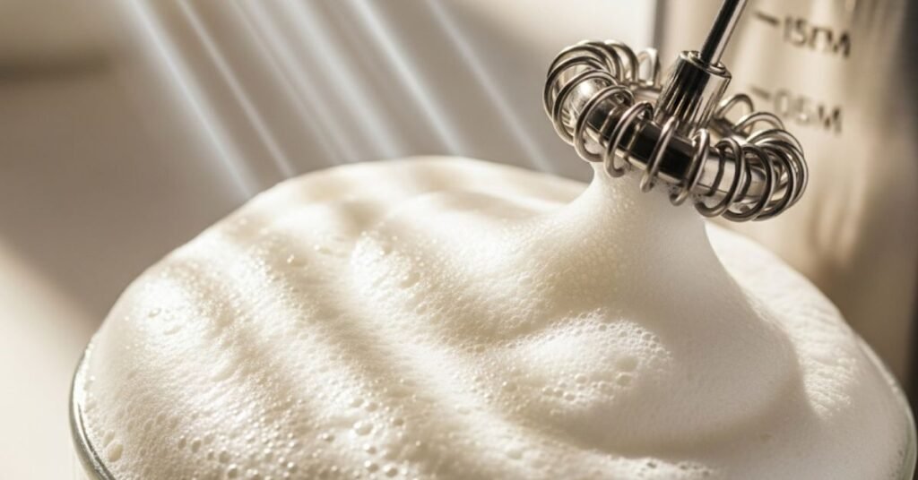 A close-up, detailed studio shot of a frothy coconut milk, created using a milk frother. Milk Frother Coconut Milk -By bestmilkfrother. com