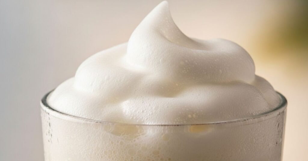 A close-up shot of a glass filled with a perfect froth of coconut milk. Milk Frother Coconut Milk -By bestmilkfrother. com