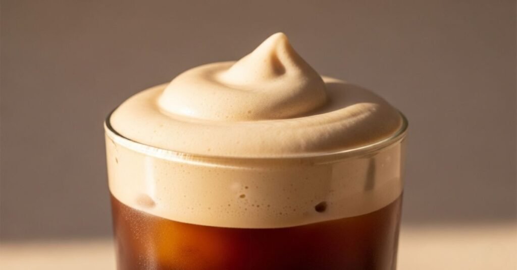 A refreshing glass of iced coffee topped with a thick layer of almond milk cold foam By bestmilkfrother. com 