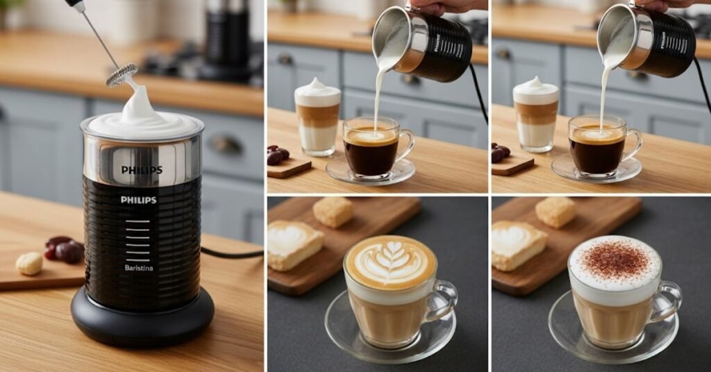 A photo sequence highlighting the Philips Baristina Milk Frother's capabilities in a casual home kitchen environment, showing it making frothed milk, pouring frothed milk into coffee, and finished latte and cappuccino drinks. By bestmilkfrother.com