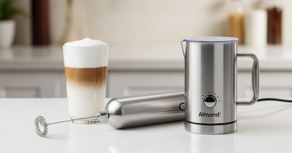 A sleek, stainless steel almond milk frother on a countertop next to a glass of frothed almond milk and espresso.