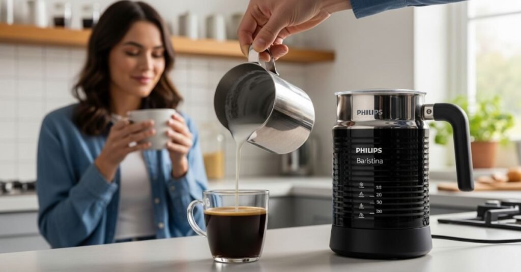 A Philips Baristina Milk Frother enhancing a morning coffee routine, showing creamy frothed milk being poured into coffee, a person enjoying a perfectly frothed coffee, and a sleek, modern kitchen setting. By bestmilkfrother.com