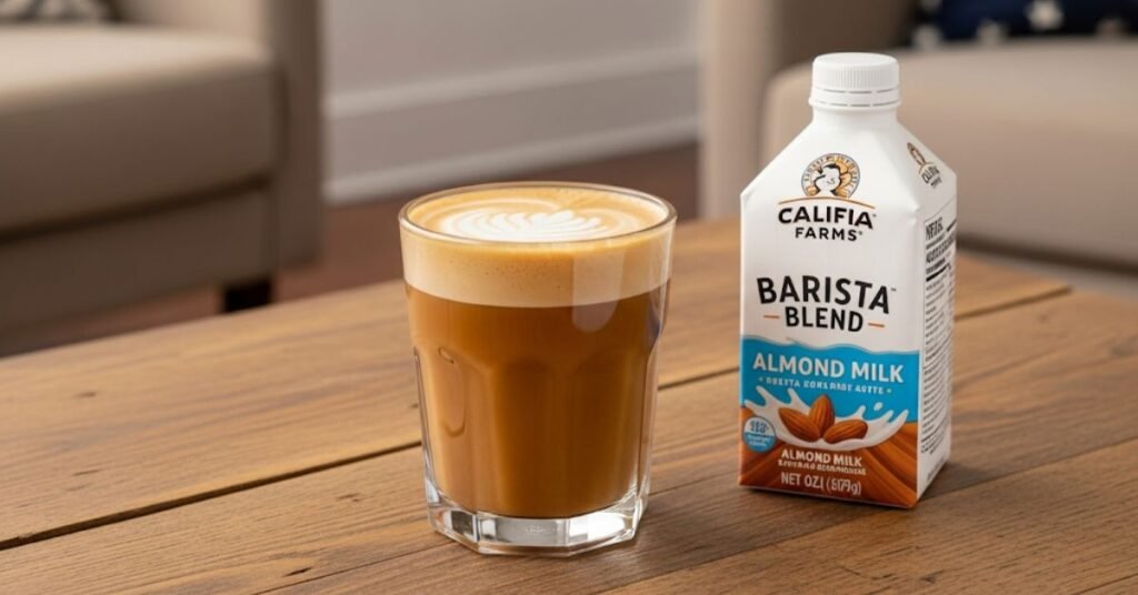 A carton of Califia Barista Blend Almond Milk next to a glass of frothed coffee on a wooden table.